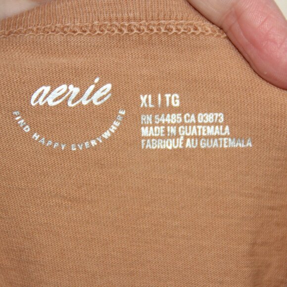 Aerie Women's Distressed Hem Oversized V-neck Shirt, Size XL Tan Cotton Comfort - Picture 7 of 7